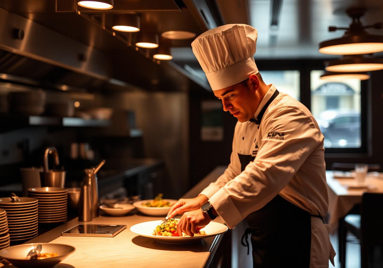 Chef plating in a hospitality kitchen